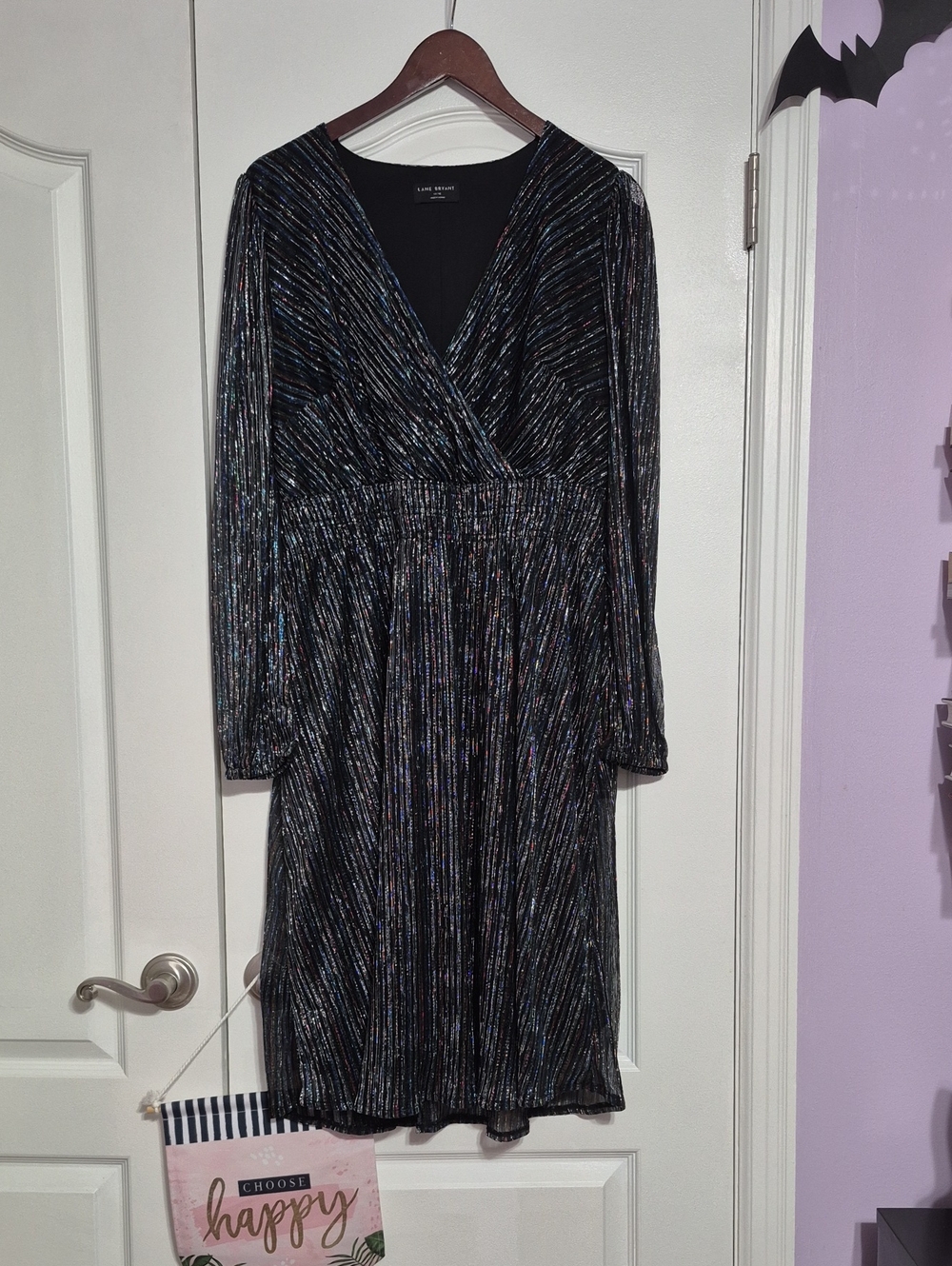 LANE BRYANT BlackLong Sleeve Black Wrap Dress w Rainbow Shimmer
